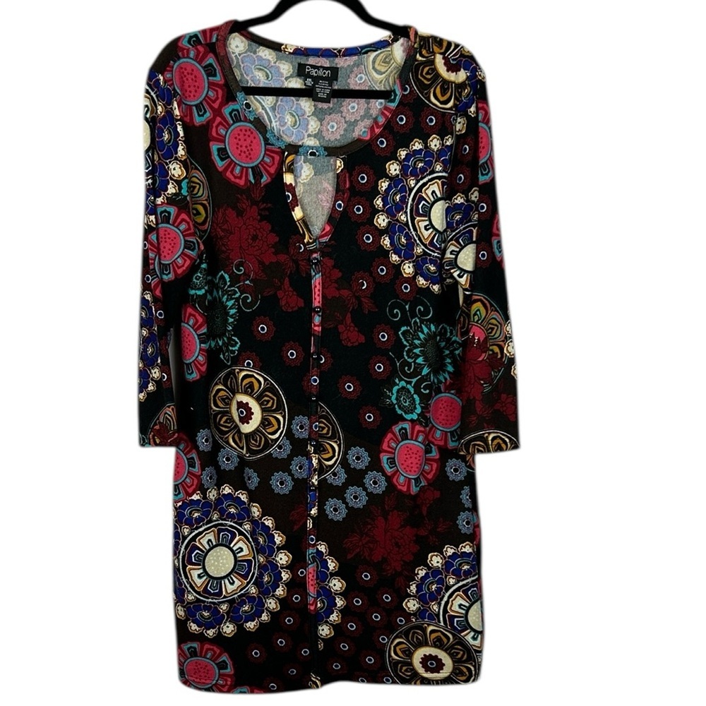 Papillon Blanc Long Sleeve Floral Medallion Dress - Black, Red, Teal, Blue XXL